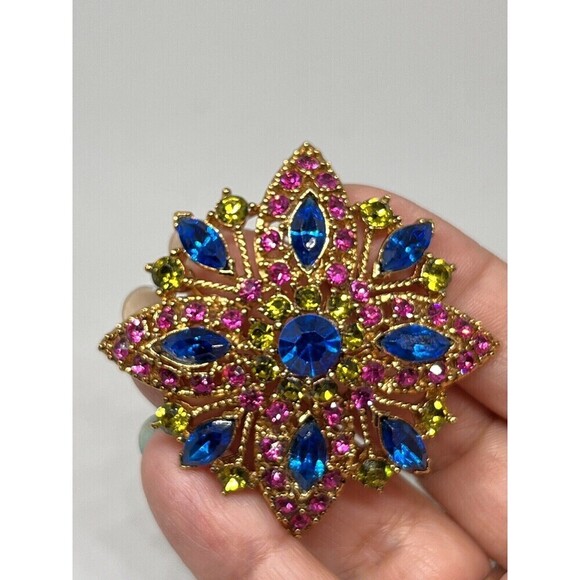 Brooch & Earrings Set Vtg Colorful Art Deco Floral Rhinestone Blue Pink Yellow - Picture 2 of 10